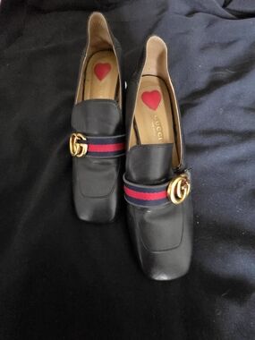 Gucci Black Leather Loafers with Red & Blue Web and Gold GG